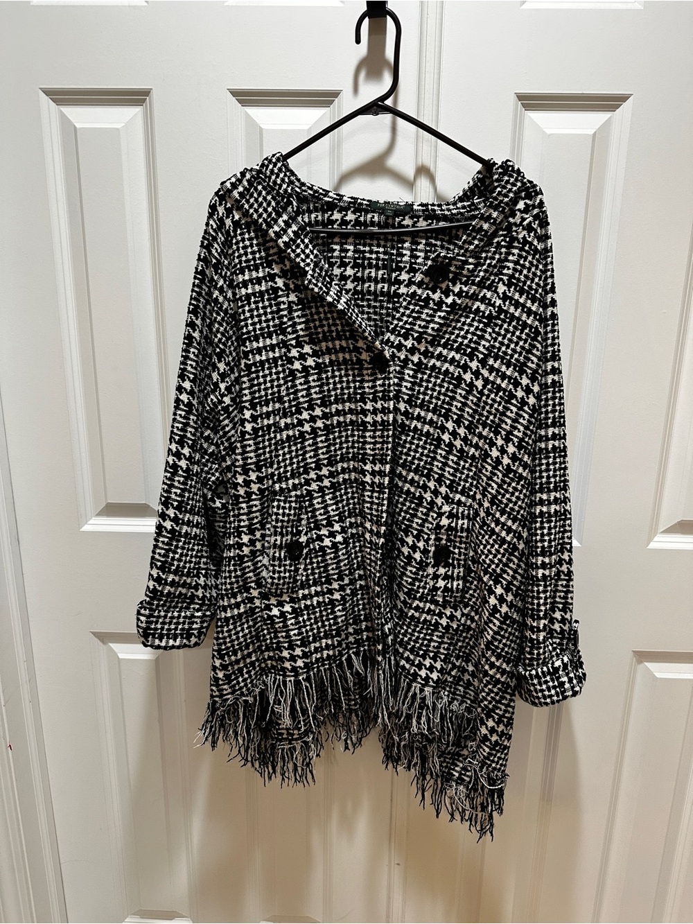 For Cynthia Black & White Houndstooth Hooded Fringe Poncho Coat